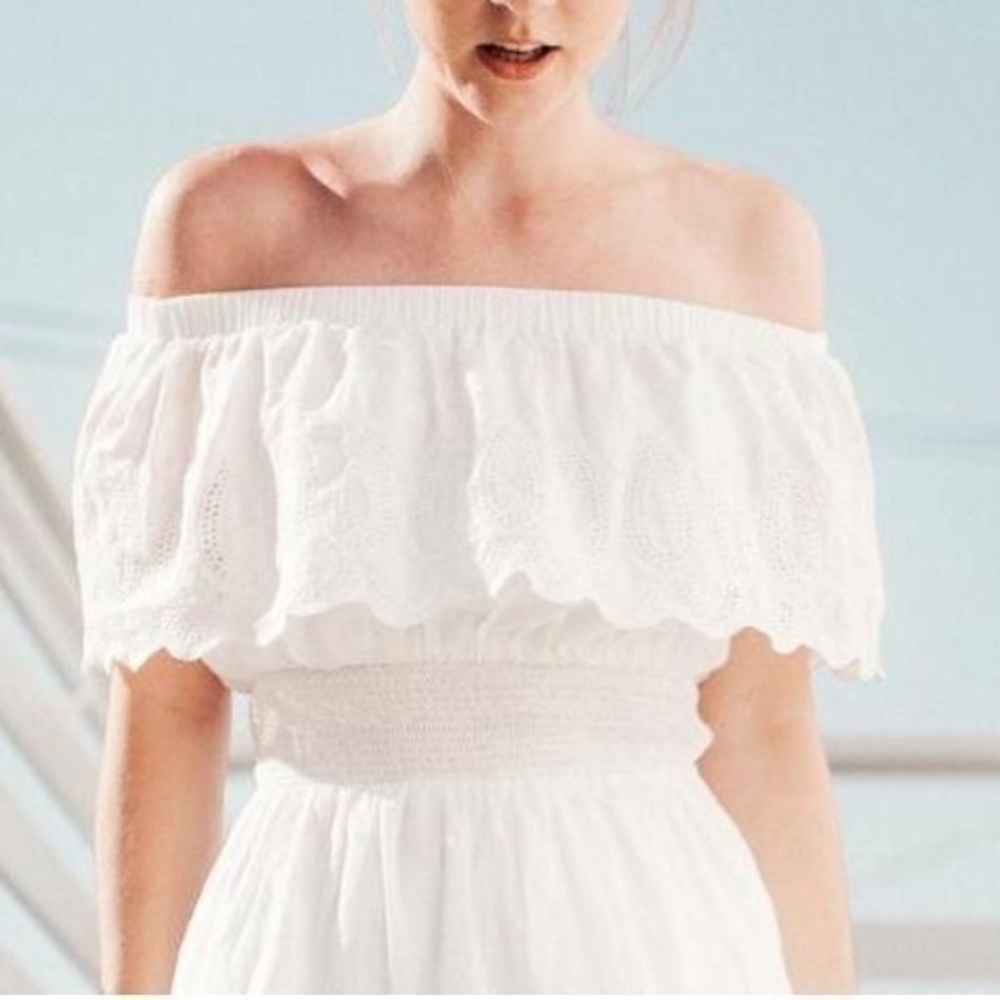 🛼🍕🪻Ferocious White Off Shoulder Prairie Dress Gauze Lace Trim Small CLOSEOUT
